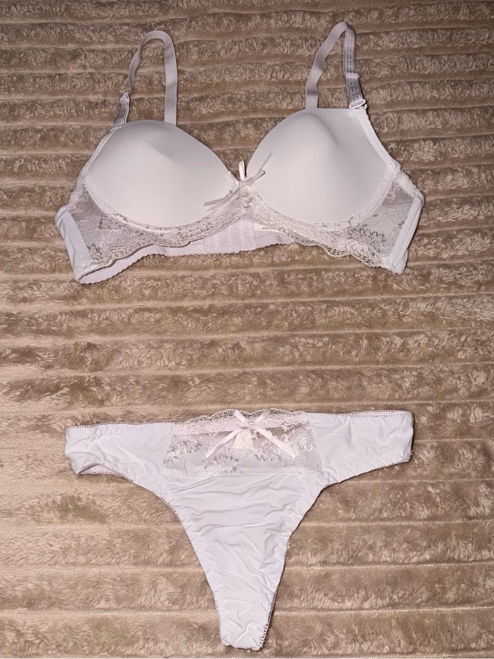 White Lace Trim Bra and Thong Set - Women Intimates